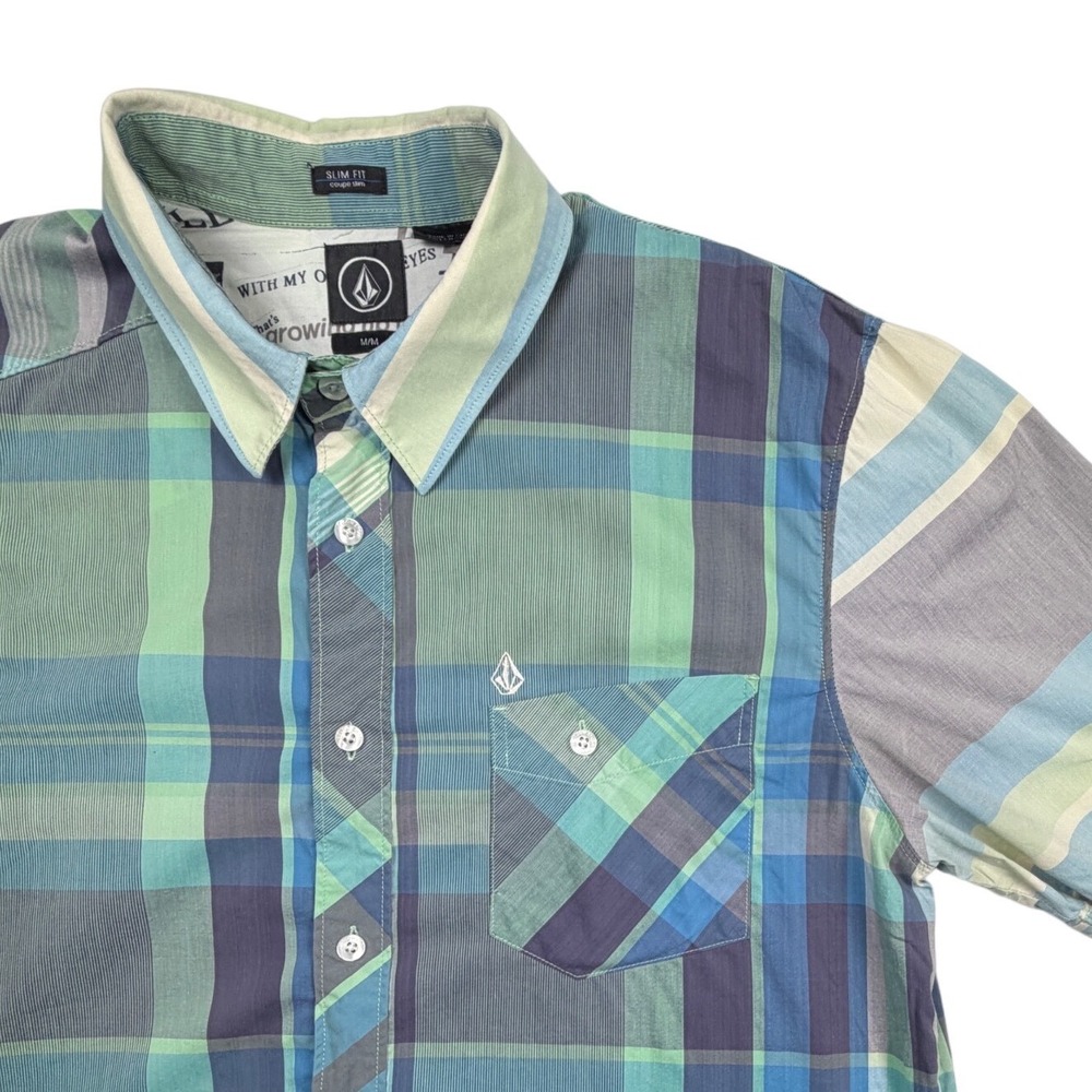 Volcom Mens Slim Fit Short Sleeve Plaid Button Down Shirt Blue Green Medium